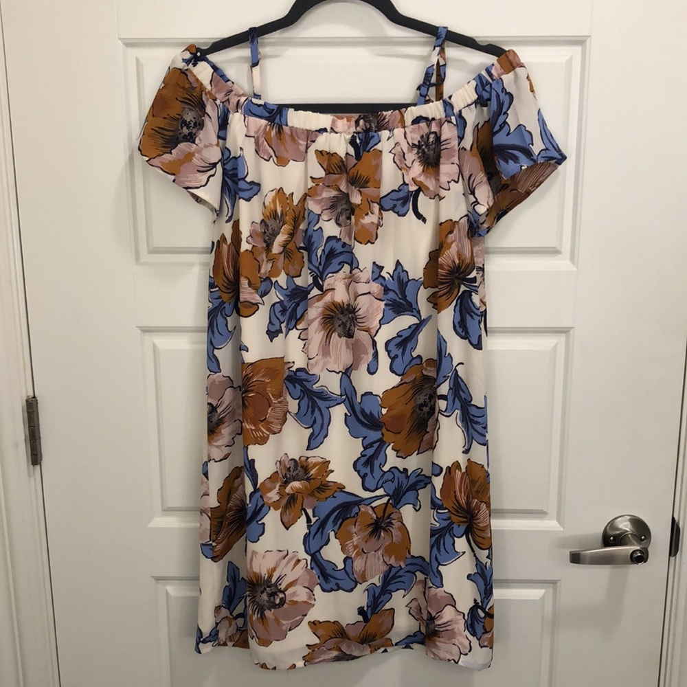 White, blue & yellow floral off the shoulder dress. Blue Rain brand, size medium